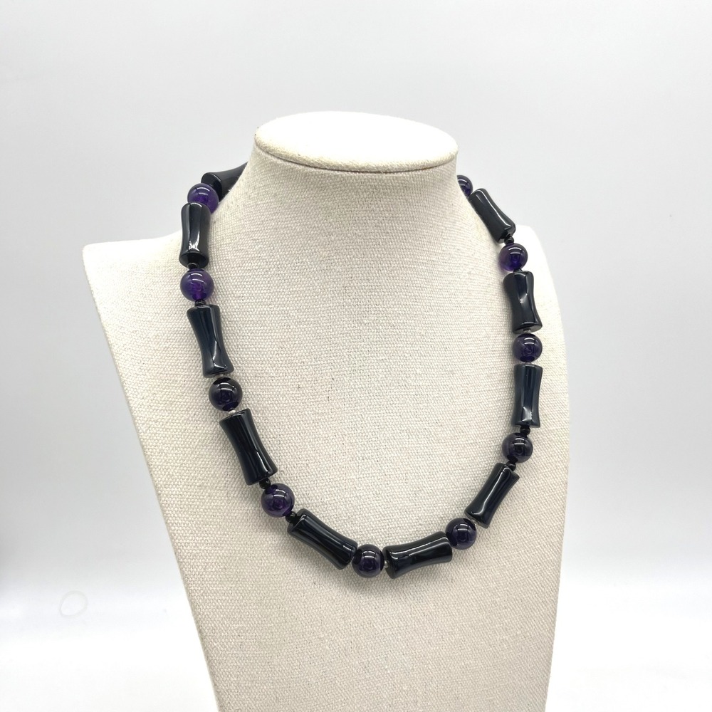 Vintage Black Onyx Amethyst Beaded Necklace Sterling Silver 925 Clasp 19 Inch